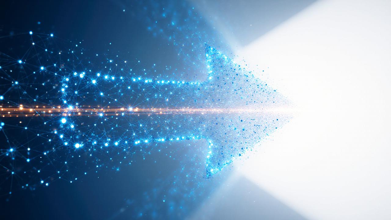 Abstract visualization of interconnected data nodes forming a forward-moving arrow