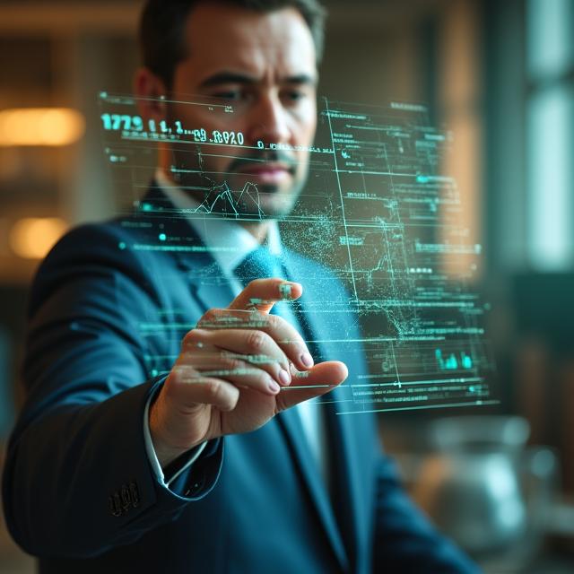 Senior AI strategist analyzing complex industrial data visualizations on a transparent display.