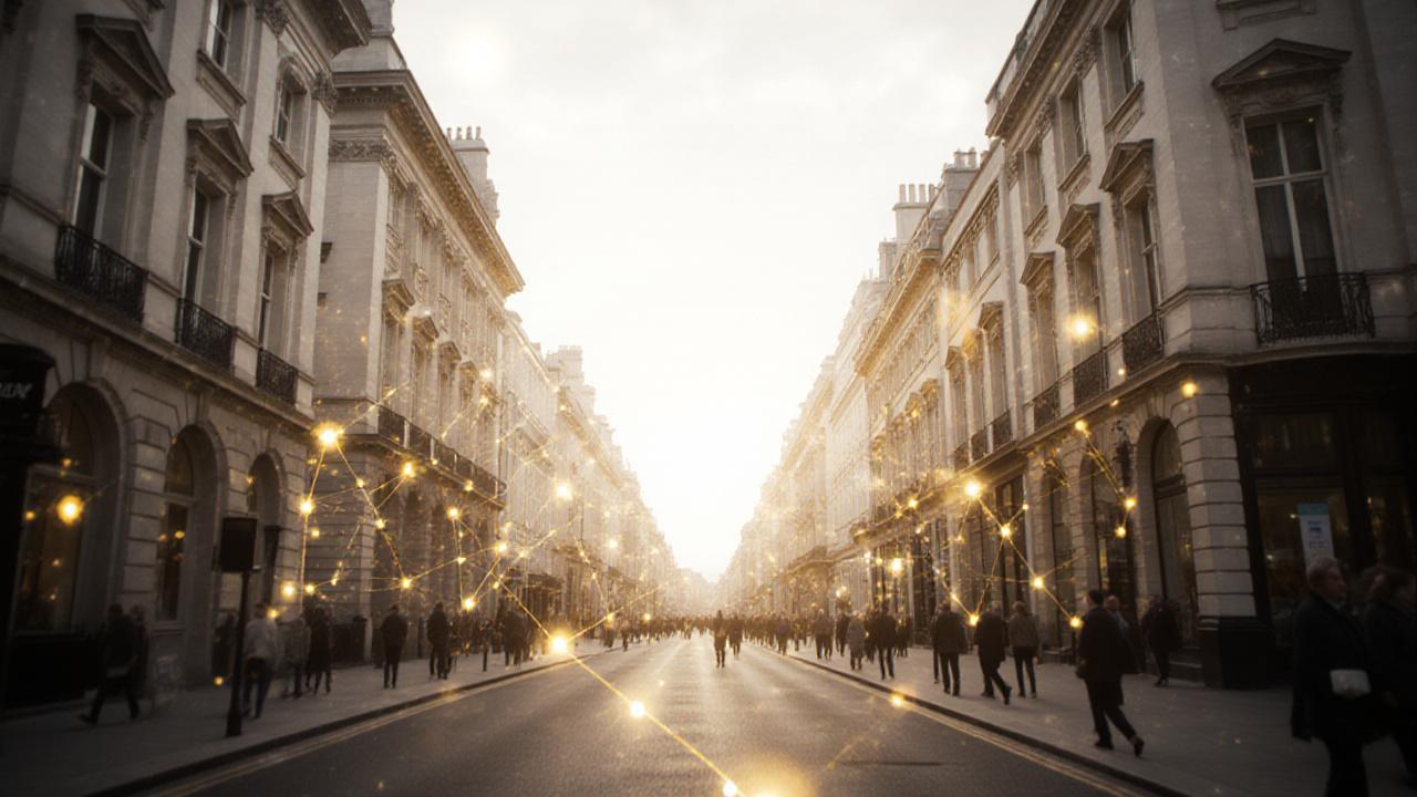 Modern UK commercial district transitioning into a digital logistics interface